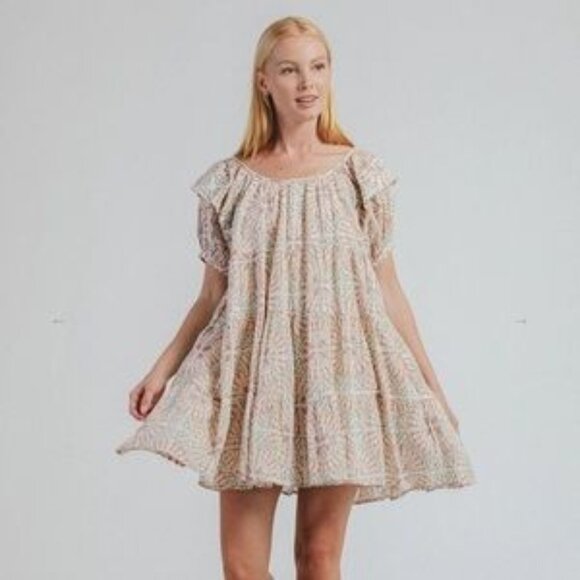Cleobella Ferris Mini Babydoll Dress in Tile Print 100% Organic Cotton Seesucker - Picture 1 of 6